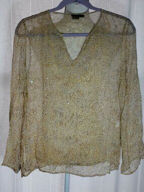 D STUDIO NWOT Long Slve V-Neck Animal Print 100% Silk w/Gold Sequins Blouse M